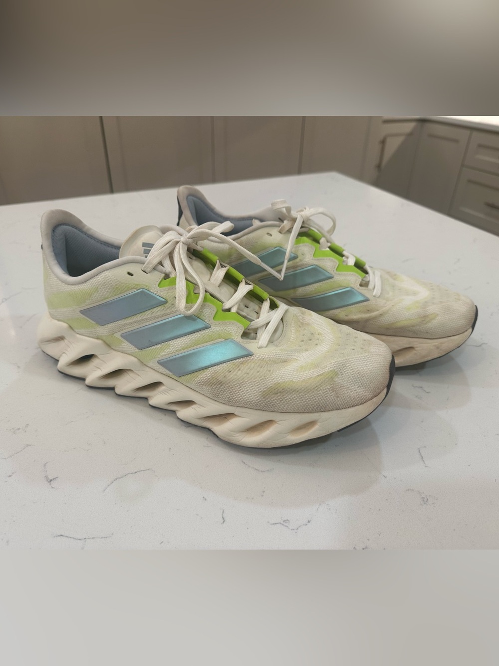 adidas White Sneakers w Iridescent Blue Stripes and Neon Green Accents- men’s 12